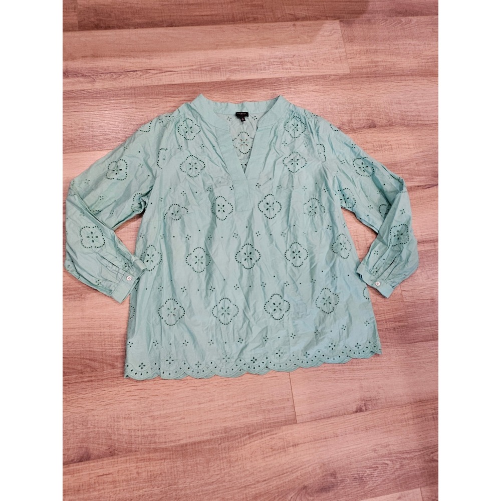 Talbots Plus 1X Eyelet Embroidered Tunic Blouse Teal Aqua Cotton Scallop Hem